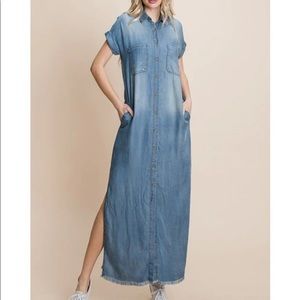 Cuffed Short Sleeved Midi Button Down Dress
